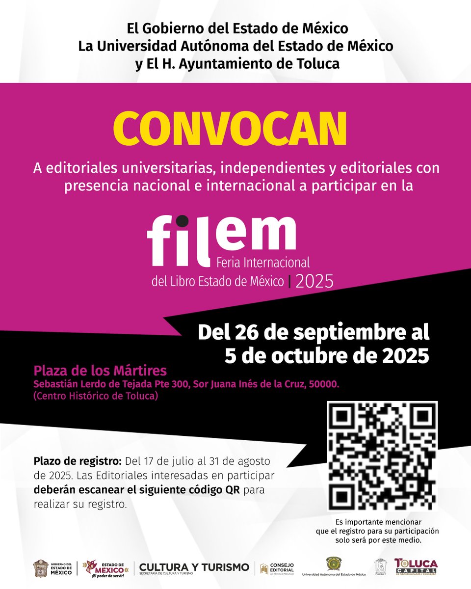 Para las casas editoriales, distribuidoras y comercializadoras interesadas en participar en la #FILEM2025, pueden consultar las bases de participación aquí
👉tinyurl.com/RegEditoriales… 👈
y registrarse escaneando el código qr 📱

<a href="/UAEM_MX/">UAEMéx</a> <a href="/CulturaEdomex/">Secretaría de Cultura y Turismo</a> <a href="/TolucaGob/">Ayuntamiento de Toluca</a>
