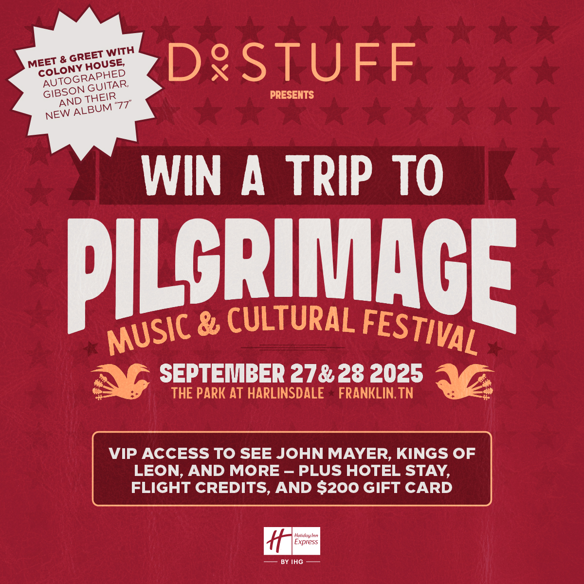 Craving a VIP festival escape? Enter to win a flyaway to @pilgrimagefestival! 2 VIP tix, hotel, airfare, $200 card, a meet &amp; greet w/ @colonyhouse, “77” album, &amp; signed Epiphone guitar. #MakeThePilgrimage
t.dostuffmedia.com/t/c/s/295103