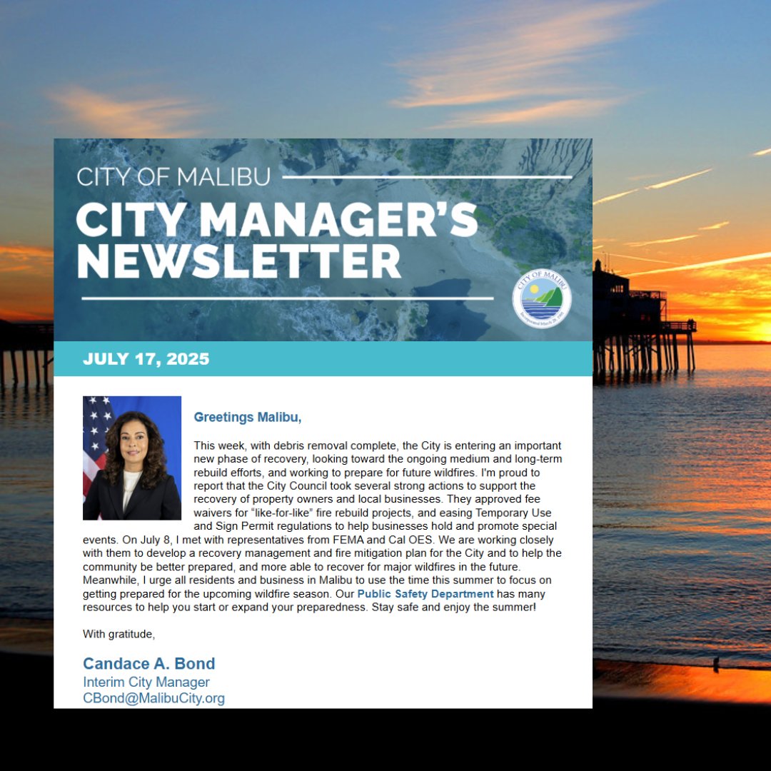 CityMalibu's tweet image. Hey Malibu! Check out this week’s City Manager Newsletter: fire rebuild fee waivers, wildfire preparedness, business support, School Resource Officer coming to MHS, Cinemalibu outdoor movie nights return & more! Details: conta.cc/40mbJxZ. Sign up: tinyurl.com/CMNewsletterSi…