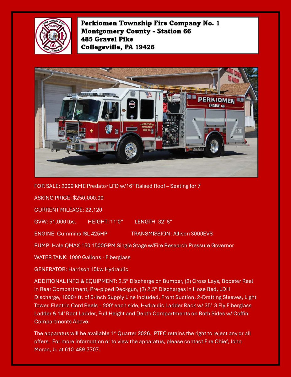 PerkiomenFire's tweet image. 2009 KME Predator for sale! More photos at the link: perkiomenfirecompany.com/fleet/engine-6…