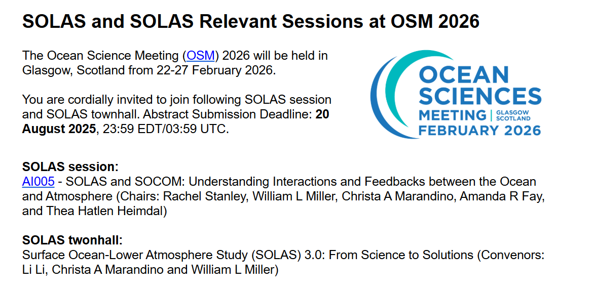 SOLAS_IPO's tweet image. 📢 Join the SOLAS session & townhall at #OSM2026
⏰ Abstract deadline: 20 Aug 2025
🔗 Submit & learn more: agu.confex.com/agu/osm26/prel…