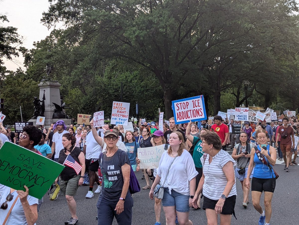 SEIU's tweet image. #SolidaritySummer isn’t over yet! Across the country, people took action this evening for the 5-year anniversary of Rep. John Lewis’ passing. Working people are speaking out against the injustices of the Trump Administration. #GoodTroubleLivesOn