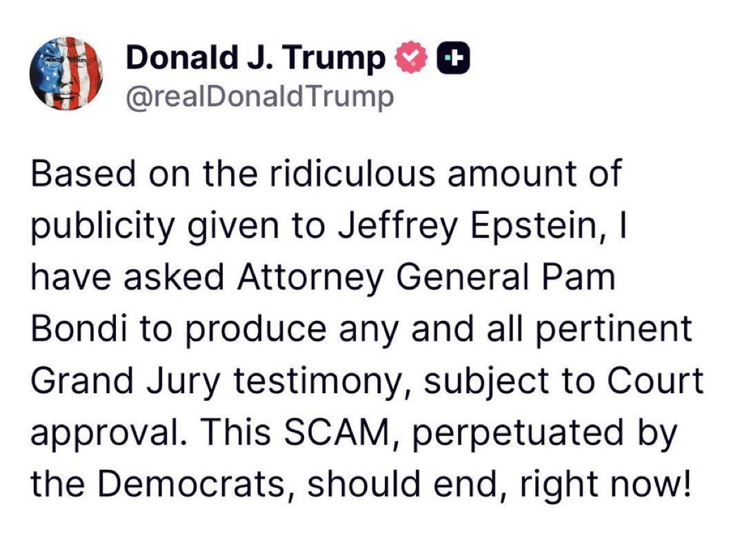 DiretoDaAmerica's tweet image. ÚLTIMA — Trump determina que a procuradora-geral Pam Bondi divulgue todos os testemunhos pertinentes de grande júri de Epstein.
“Esta FRAUDE, perpetuada pelos democratas, deve acabar agora mesmo!”