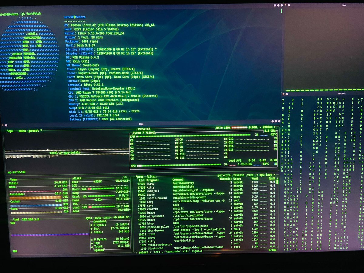 satvikk_guptaa's tweet image. My first linux rice is done
Fedora kde plasma 😋
My idea was matrix core with math fractals
I love it
For tiling I am using kwin
Terminal - kitty
Special thanks to @namishh__ for his wonderful guide again