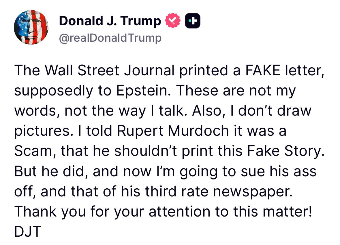 🔥President Trump is holding nothing back on disgraced Rupert Murdoch for his fake Epstein letter: 

“I’m going to SUE his ass.”