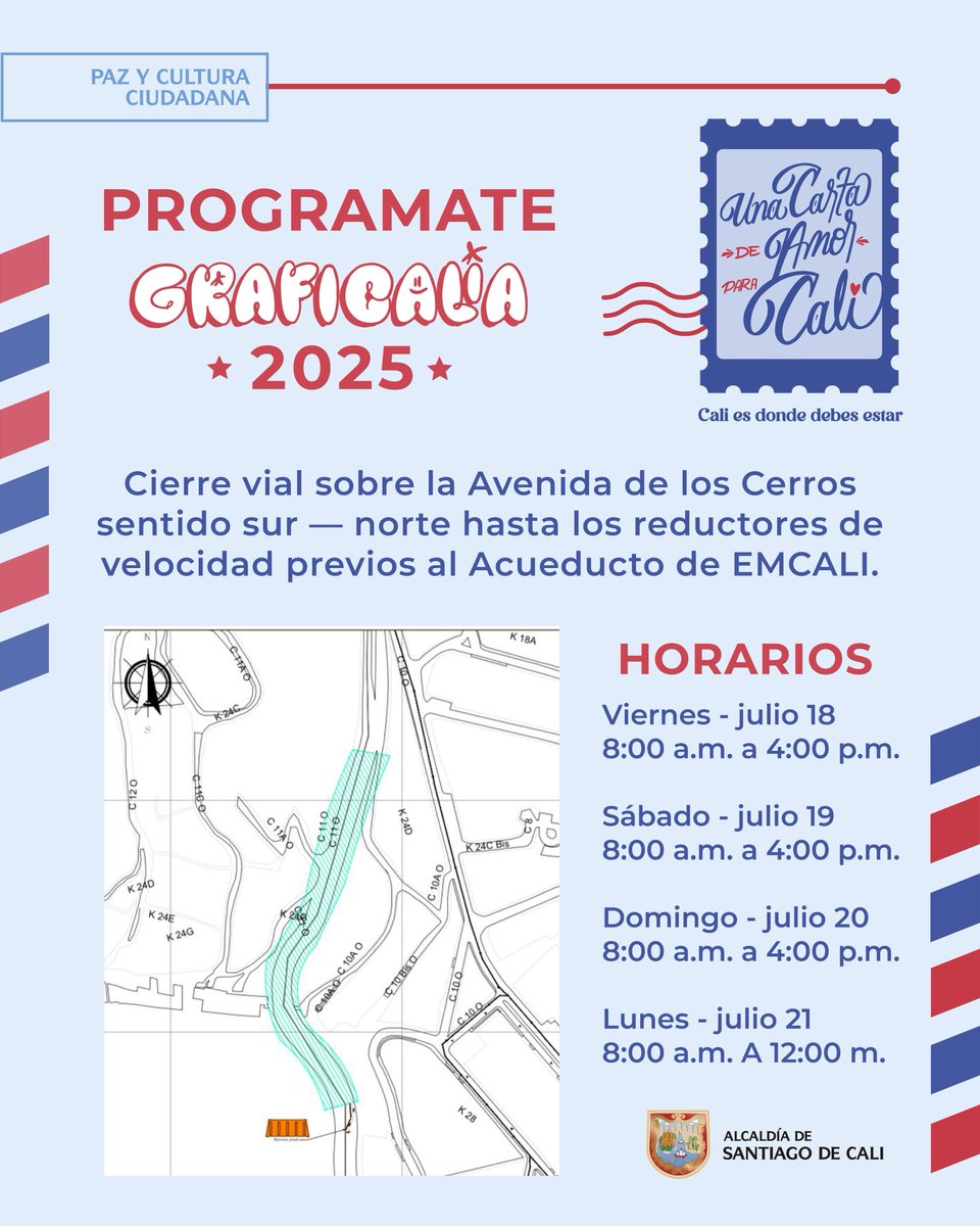 🎨 ¡Cali se pinta con amor!
Este 18 al 21 de julio llega #FestivalGraficalia2025 a la Av. de los Cerros (sur-norte).
🚧 Cierre vial: 8:00 a. m. - 4:00 p. m. (lun. hasta las 12 m)
🖌️ Arte urbano en el espacio público, promoviendo paz y cultura.

#CaliEsDondeDebesEstar