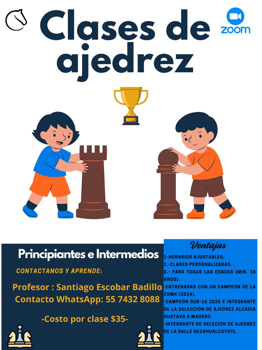 El chamaco 🐼 está emprendiendo con clases de #Ajedrez, para que por favor compartan con sus conocidos que busquen actividades para sus hij@s en estas vacaciones, también para adultos interesados en aprender❗

 Se agradece Rt 🙏

<a href="/gcerveravalee/">Gaby Cervera Valeé</a> <a href="/yo_estoica/">Yo, aquí</a> <a href="/Leticia54188542/">Leticia Elizabeth López Rizo</a>