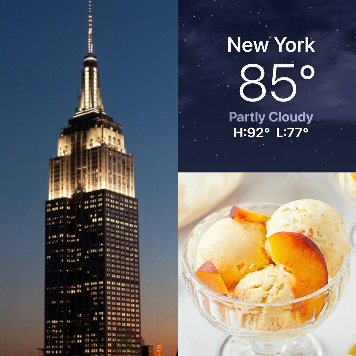 CorinnePulitzer's tweet photo. Sunset was at 8:24PM & the hot & humid conditions this week are moving out & warm & less humid conditions are in the forecast. The @EmpireStateBldg is lit in Signature White & #IceCreamFans are celebrating #NationalPeachIceCreamDay🍑@NationalDayCal @NY1weather @HeyWhatDay https://t.co/cvOAt0kWW1