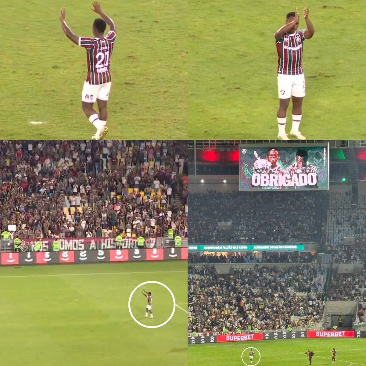 Juezcentral's tweet image. Qué momento espectacular en el Maracaná.
Termina el partido del Fluminense. Jhon Arias se va a cumplir su sueño de jugar en la Premier.
Las pantallas lo despiden con "Obrigado" mientras la hinchada aplaude. Él da la vuelta olímpica saludando a todos.
En el Flu nunca olvidarán…