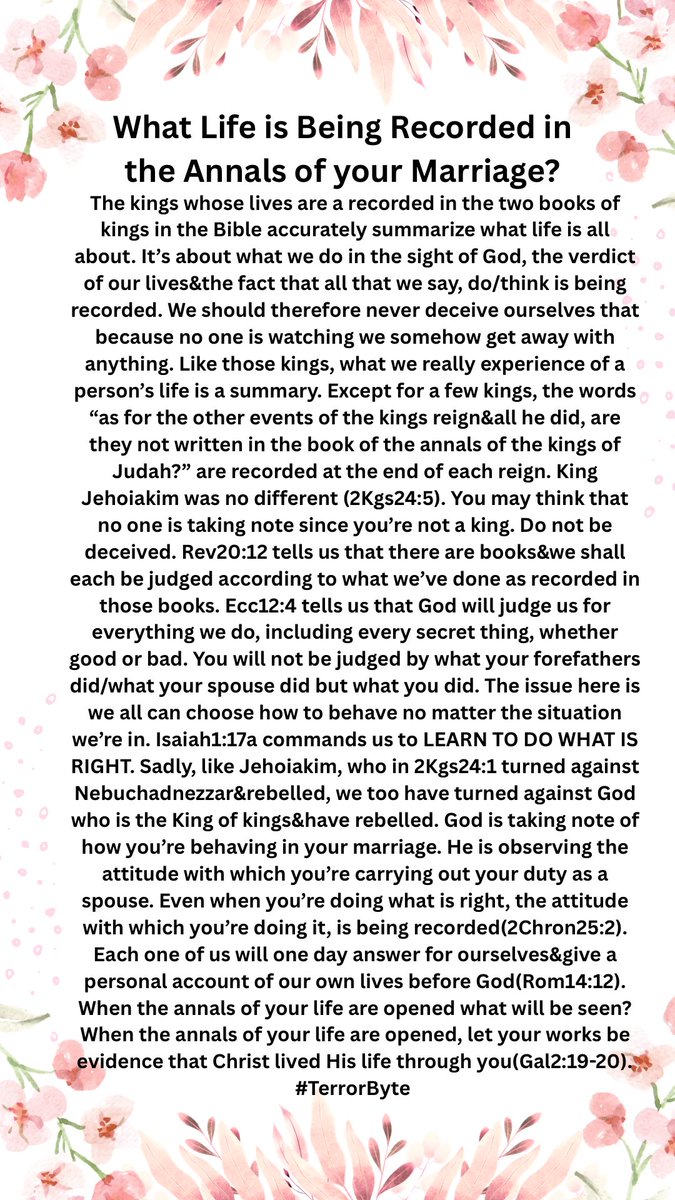 kamuteera's tweet image. Each one of us will one day answer for ourselves&amp;amp;give a personal account of our own lives before God(Rom14:12). When the annals of your marriage are opened what will be found? The good news is, we can all learn to do good&amp;amp;what is right(Isaiah1:17a). #TerrorByte