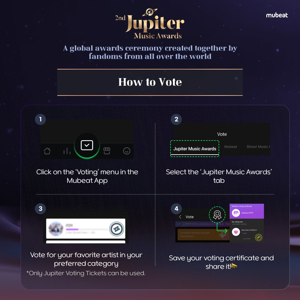 MubeatOfficial's tweet image. 2nd Jupiter Music Awards
A global awards ceremony created together by fandoms from all over the world
Vote for your bias on #Mubeat 🏆✨
⬇️Vote for the Preliminary Round⬇️
mubeat.applink.info/2nd_JUPITER_MU…
Preliminary | 7/18 13:00:00 ~ 8/1 12:59:59 (KST)
Final | 8/8 13:00:00 ~ 8/29…