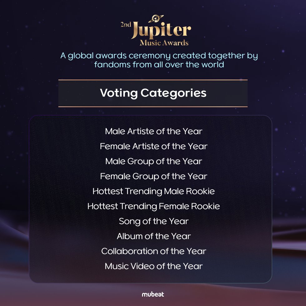 MubeatOfficial's tweet image. 2nd Jupiter Music Awards
A global awards ceremony created together by fandoms from all over the world
Vote for your bias on #Mubeat 🏆✨
⬇️Vote for the Preliminary Round⬇️
mubeat.applink.info/2nd_JUPITER_MU…
Preliminary | 7/18 13:00:00 ~ 8/1 12:59:59 (KST)
Final | 8/8 13:00:00 ~ 8/29…