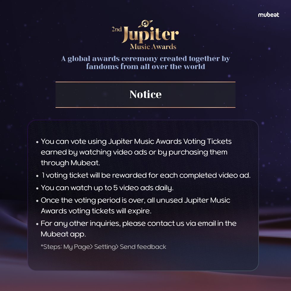 MubeatOfficial's tweet image. 2nd Jupiter Music Awards
A global awards ceremony created together by fandoms from all over the world
Vote for your bias on #Mubeat 🏆✨
⬇️Vote for the Preliminary Round⬇️
mubeat.applink.info/2nd_JUPITER_MU…
Preliminary | 7/18 13:00:00 ~ 8/1 12:59:59 (KST)
Final | 8/8 13:00:00 ~ 8/29…
