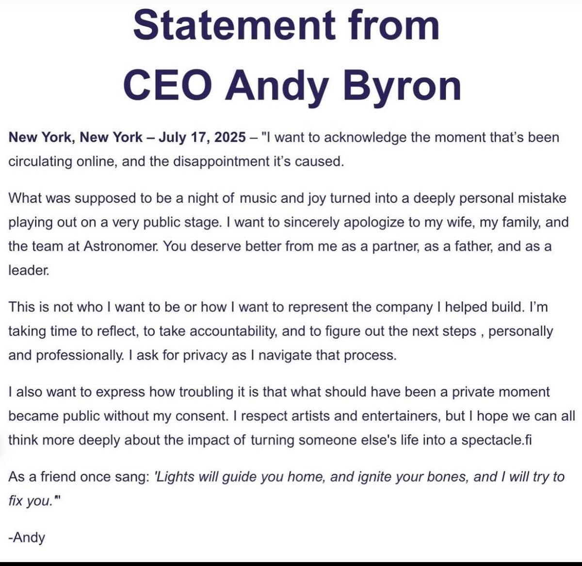 thedailyfriday_'s tweet image. Idc if this apology from the Coldplay concert CEO is fake. It’s real to me