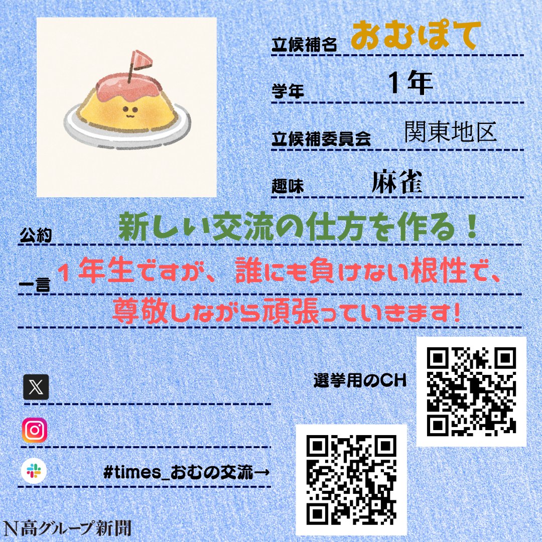 nshighnewspaper's tweet image. 【生徒会役員選挙立候補者プロフィール帳大公開!】
いよいよ後半に差し掛かる #生徒会役員選挙 。
#N高グループ新聞 のXでは立候補者から募集したプロフ帳を載せていきます!🙌✨
一人目
おむぽてさん
二人目
みかんさん
Instagram:x.gd/1O1Ty
三人目
種村魁人さん…