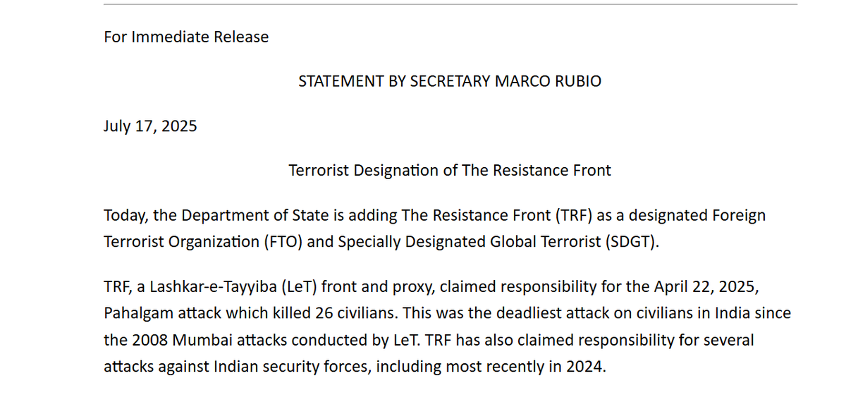 AjayKauljourno's tweet image. #BigDevelopment
The US has declared &apos;The Resistance Front&apos; (TRF) as a #terrorist organisation, in a setback to Pakistan.
#TRF, a front for Pakistan-based Lashkar-e-Taiba (LeT), was responsible for the massacre of 26 people in #Pahalgam in Kashmir on April 22.…