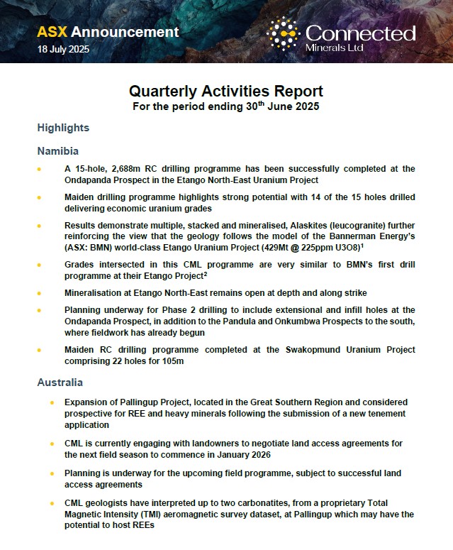 We are pleased to share our June 2025 Quarterly Report. Highlights include the completion of our drilling programmes at the Etango North-East and Swakopmund #Uranium Projects in Namibia, and the expansion of our Pallingup Project in WA. Read more: tinyurl.com/32c8uax3 #CML