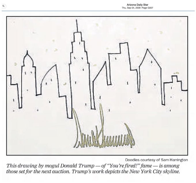 adamcurtisbroll's tweet image. Drawings by Donald Trump submitted to charity auctions, 1995-2008.