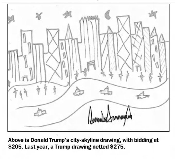 adamcurtisbroll's tweet image. Drawings by Donald Trump submitted to charity auctions, 1995-2008.