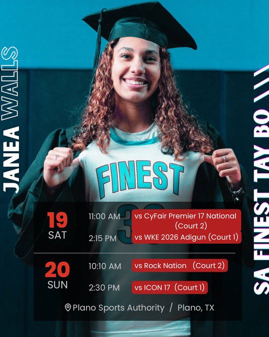 JaneaWalls's tweet image. Schedule has been changed and me and my team now play in Plano,Tx!!
Come watch us play our last AAU tournament together🥹 #LastRide