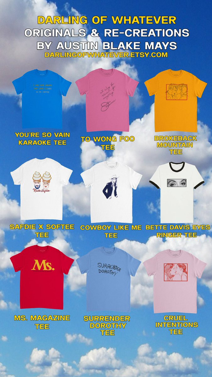 austinblakemays's tweet image. been getting my own t-shirts made for years. originals and re-creations from moments in pop culture that stick with me. i’ve finally decided to start sharing the wealth. a bunch of originals, a bunch of re-creations. all for you at darlingofwhatever.etsy.com