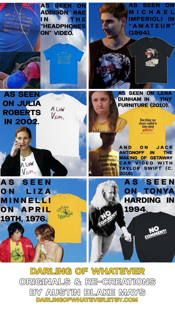 austinblakemays's tweet image. been getting my own t-shirts made for years. originals and re-creations from moments in pop culture that stick with me. i’ve finally decided to start sharing the wealth. a bunch of originals, a bunch of re-creations. all for you at darlingofwhatever.etsy.com