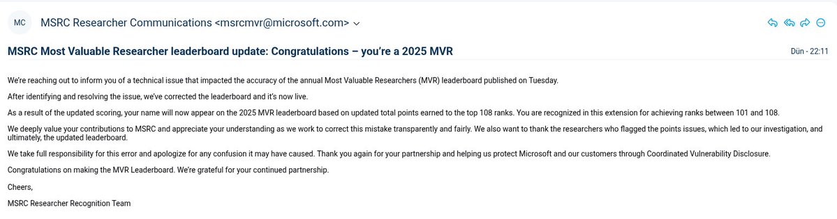 int20z's tweet image. Made it to the 2025 MVR leaderboard! 🙌 Stay tuned for updates… 🚀
Thanks MSRC team @msftsecresponse