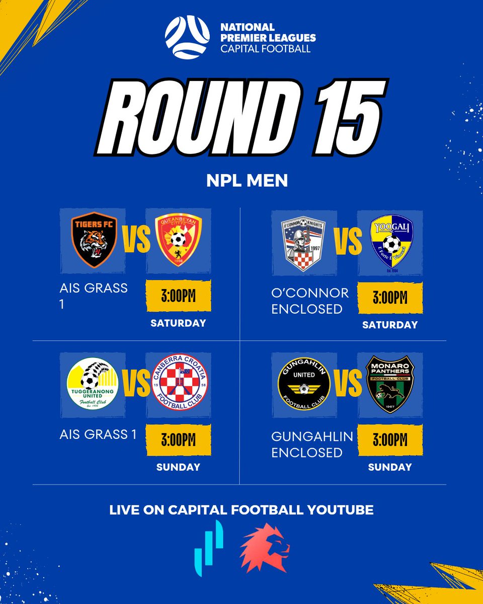 FIXTURES

Round 15 of the NPL Men's!

#GameOn #NPL25