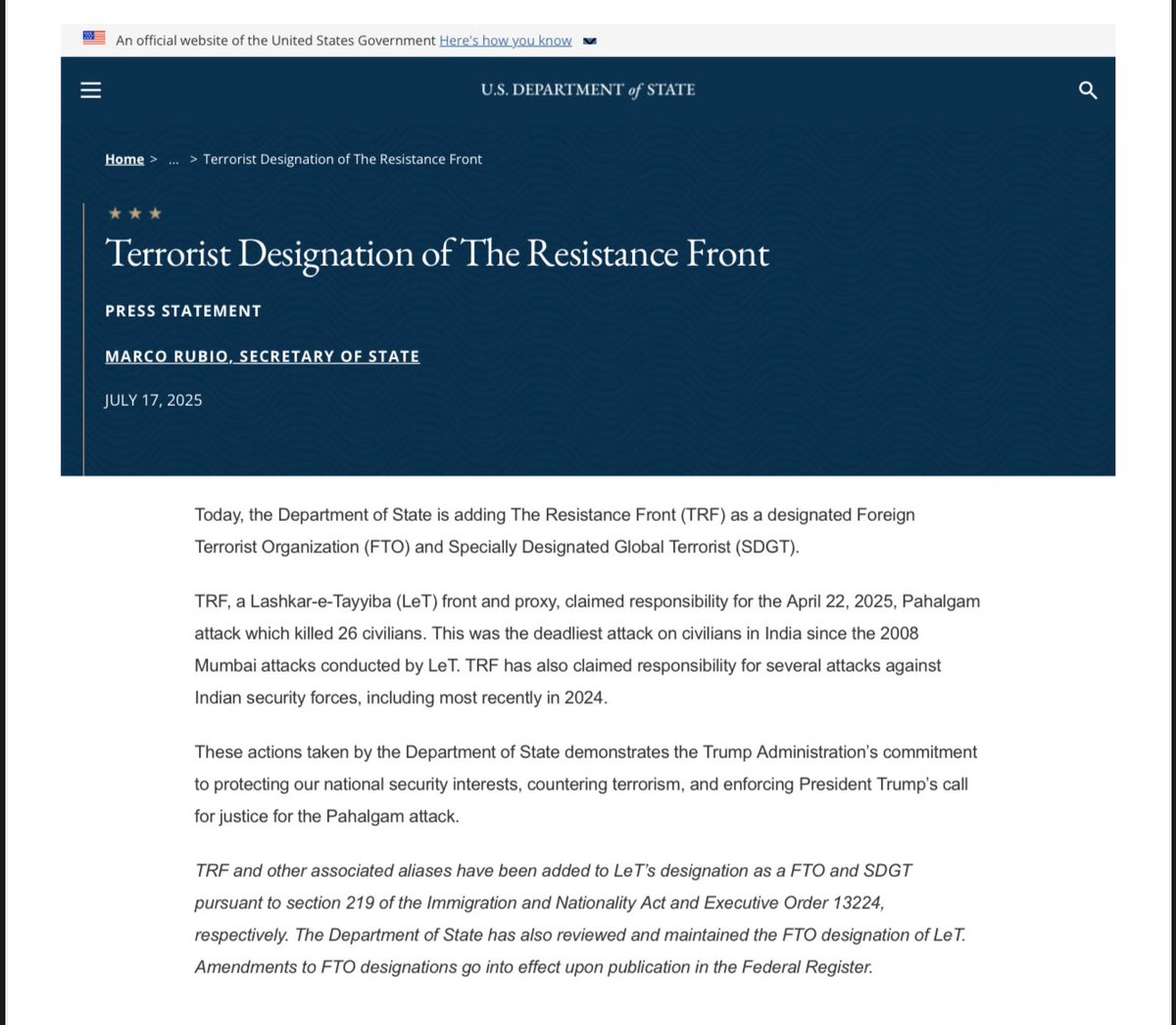 #BREAKING: United States designates Pakistani terror group TRF behind the Pahalgam terror attack as a Foreign Terrorist Organisation and Specially Designated Global Terrorist. The group is the front of Pakistan based Lashkar e Tayyiba. Hectic diplomacy from India in DC works.