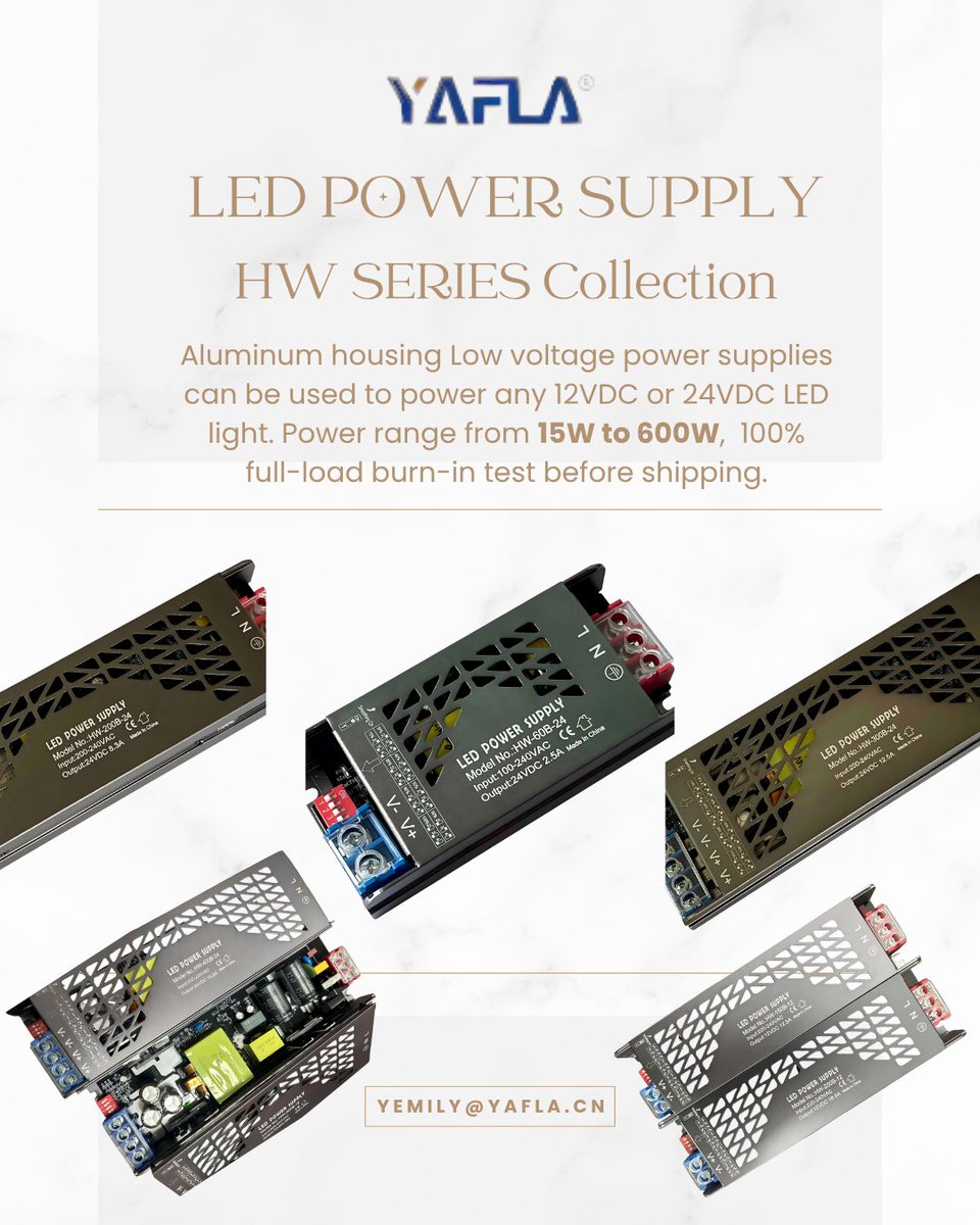 Aluminum housing Low voltage power supplies can be used to power any 12VDC or 24VDC LED light.
Power range from 15W to 600W, 100% full-load burn-in test before shipping.
WhatsApp: +86 13679772189