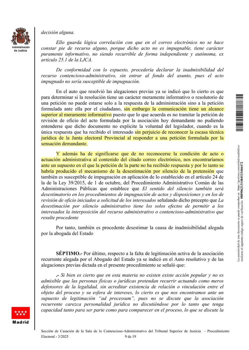GabrielAraujoES's tweet photo. 🔴 El TSJ de Madrid ampara a la Asociación Víctimas de los Políticos contra la Junta Electoral de Madrid, la única en España que prohíbe expresamente grabar los escrutinios.

✅ Reconoce que la prohibición de grabar podría repetirse en futuras elecciones y abre la puerta a indemnizaciones por vulneración de derechos:
 “...la nulidad de la resolución impugnada podría dar lugar a una eventual indemnización...”
✅ En la pág. 9, la sentencia reprocha duramente al magistrado Abel Téllez Aguilera, presidente de la JEP de Madrid, por su deficiente técnica jurídica al rechazar la petición sin justificación alguna.
✅ El TSJ rechaza todas las alegaciones del Abogado del Estado, que intentó archivar el caso alegando que ya no tenía objeto el recurso porque las elecciones ya habian pasado. El tribunal replica:
 “La resolución constituye un precedente que puede afectar futuros procesos electorales...”
✅ Reconoce legitimación activa no solo a @VictimasLos, sino a cualquier ciudadano o entidad que actúe motivado en la transparencia electoral, aplicando la doctrina del interés legítimo cualificado (STS 2497/2025).
✅Confirma que la prohibición de grabar el escrutinio plantea infracción de derechos fundamentales, como los del art. 47 de la Ley 39/2015 y la LO 1/1982 sobre imagen.

¿Por qué el magistrado Abel Téllez Aguilera prohíbe que se grabe el escrutinio, siendo un acto público? ¿Será porque no lo hace y no quiere que la ciudadanía obtenga pruebas?
#TransparenciaElectoral #EleccionesTransparentes