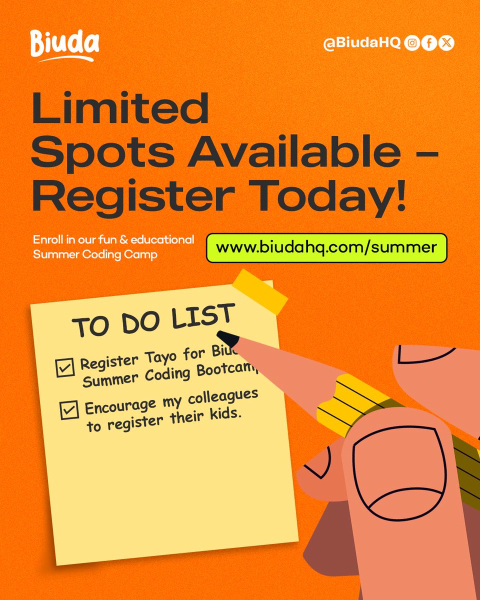 Biudahq's tweet image. 🎯 Limited spots available! Give your child a tech-powered summer they’ll never forget.
📍Register now at biudahq.com/summer

#Biuda #Techthemyoung #Codekids #Learningisfun #Techkids #Learningwithbiuda #summercamp #mazitundeednut #kagantech