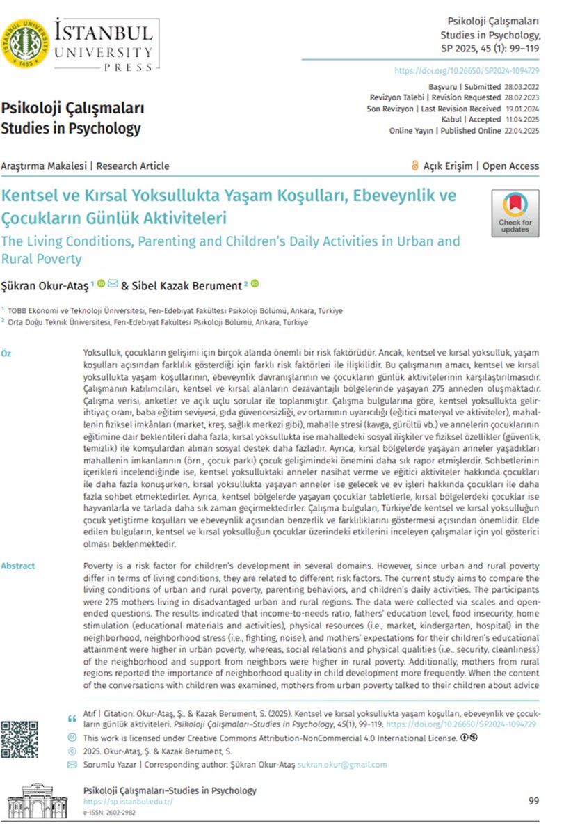 New #openAccess article “The Living Conditions, Parenting and Children’s Daily Activities in Urban and Rural Poverty” by Sukran Okur Atas and Sibel Kazak Berument dergipark.org.tr/tr/pub/iupcd/i… #OpenAccess #psychology