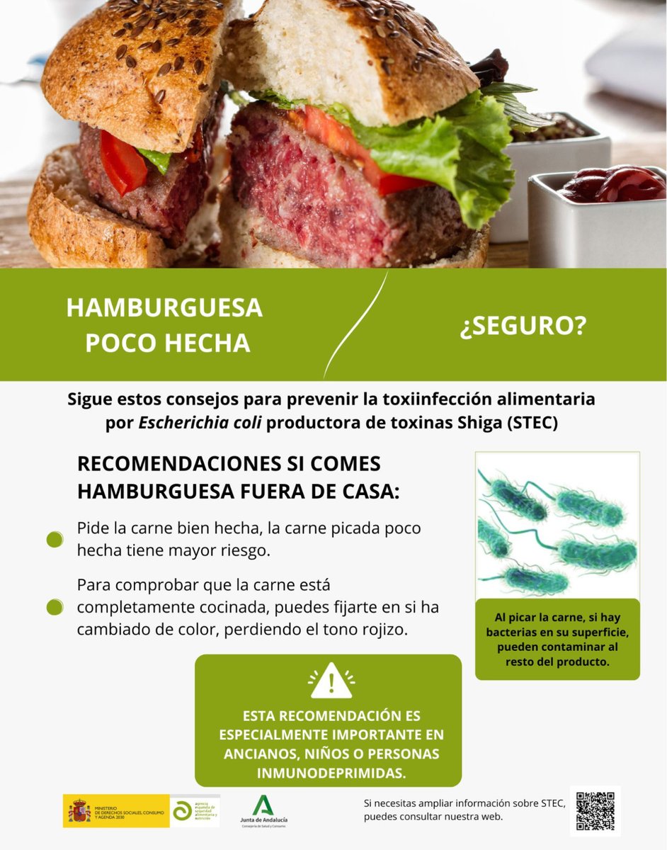 saludand's tweet image. 🍔 Hamburguesa poco hecha? Mejor no te la juegues.
Puede parecer jugosa, pero si la carne no está bien cocinada, puede contener bacterias peligrosas como E. coli.
👉 Bien hecha, bien segura. #SaludAlimentaria #CocinaSegura #EvitaRiesgos