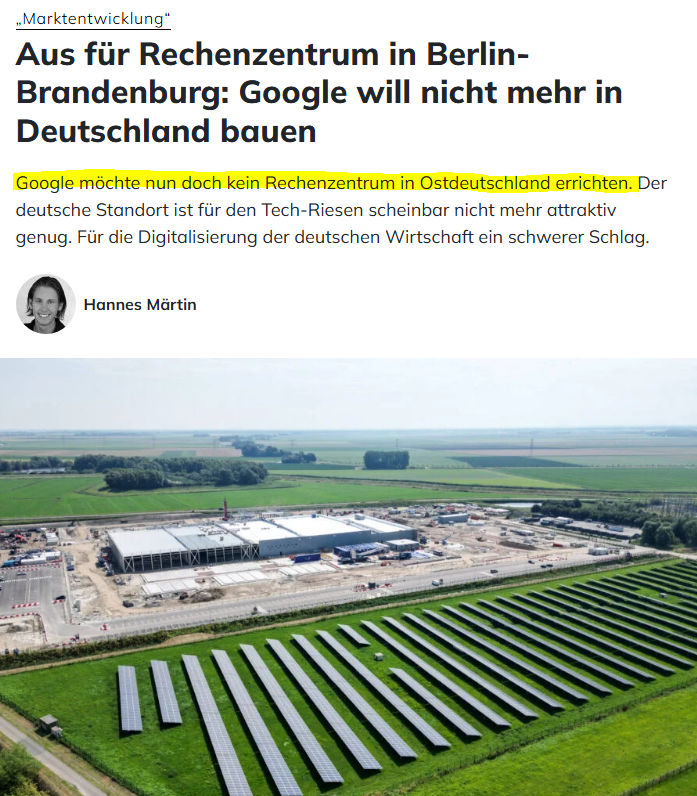 75Jamin's tweet photo. "Insbesondere die hohen Energiekosten haben den Tech-Riesen wohl abgeschreckt"

Kann mir das ein Grüner bitte erklären, bin zu dumm dazu. Die Sonne schickt doch weiterhin keine Rechnung, korrekt? https://t.co/uKygZrjIjI