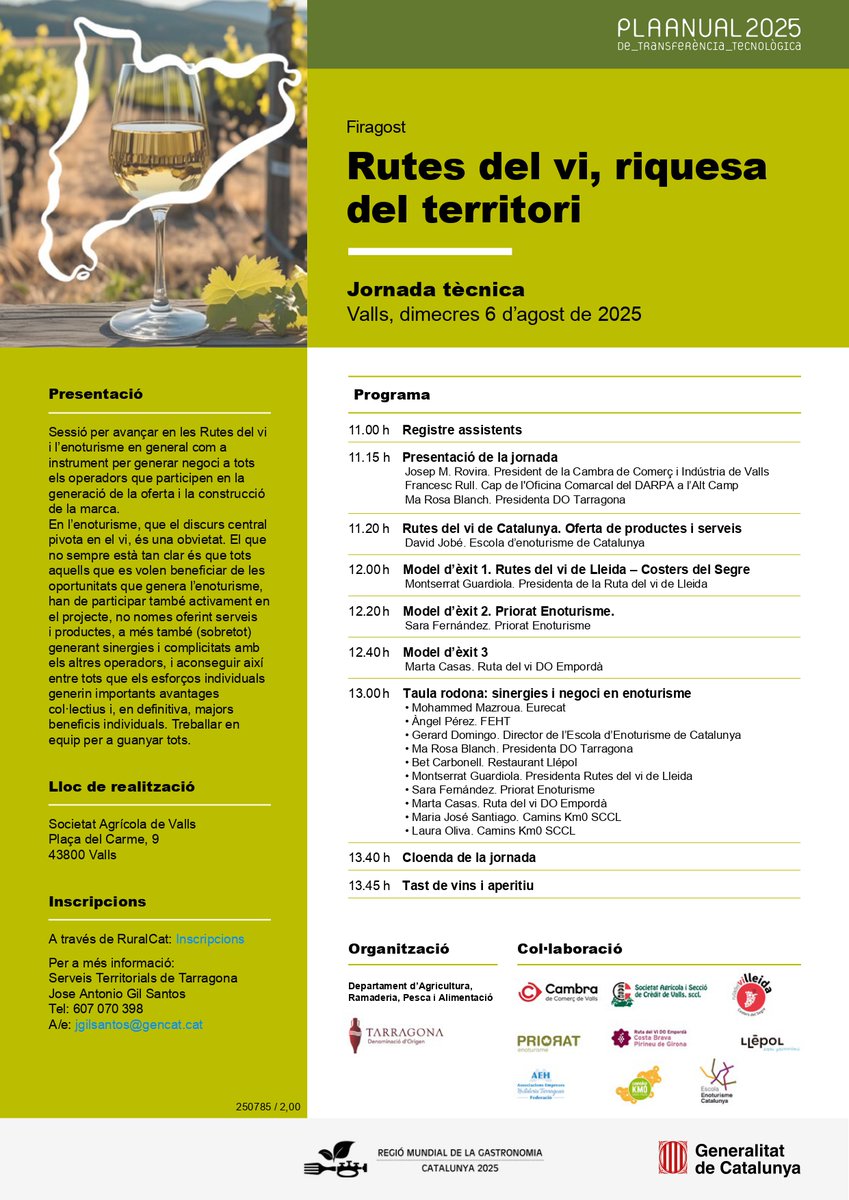 RUTES DEL VI, RIQUESA DEL TERRITORI

La <a href="/DOTarragona/">DO Tarragona</a> organitza en el marc de la #Firagost2025 una Jornada Tècnica per avançar en les #RutesDelVi i l'#enoturisme.

🗓️Dc 6 d'agost
🕚D'11h a 14h
📌Societat Agrícola (Pl. del Carme 9, #Valls)
📝tuit.cat/4O10C

#AltCamp