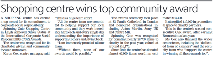 Spinning Gate Shopping Centre (@spinninggate) on Twitter photo HUGE thank you <a href="/leighjournal/">Leigh Journal</a> for all your support
Check out this article on page 2 of this weeks edition - telling you about our latest CSR achievement - a HUGE team effort. MASSIVE thank you team SG
<a href="/TheGreenOrg/">The Green Org</a>
#teamwork #csr #award #loveleigh #leigh HUGE thank you <a href="/leighjournal/">Leigh Journal</a> for all your support
Check out this article on page 2 of this weeks edition - telling you about our latest CSR achievement - a HUGE team effort. MASSIVE thank you team SG
<a href="/TheGreenOrg/">The Green Org</a>
#teamwork #csr #award #loveleigh #leigh