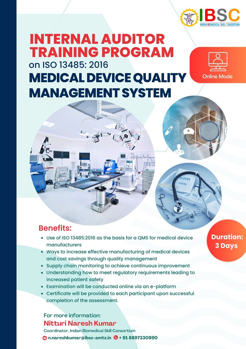 <a href="/ibsc_skill/">IBSC</a>  is offering ISO 13485:2016 Internal Auditor Training on July 29-31, 2025, from 10:00 AM to 5:00 PM in online mode. Open to professionals &amp; students. Learn Medical Device QMS. Enhance your skills in quality management. Register now: ibsc-amtz.in/coursedetails/… #MedTech