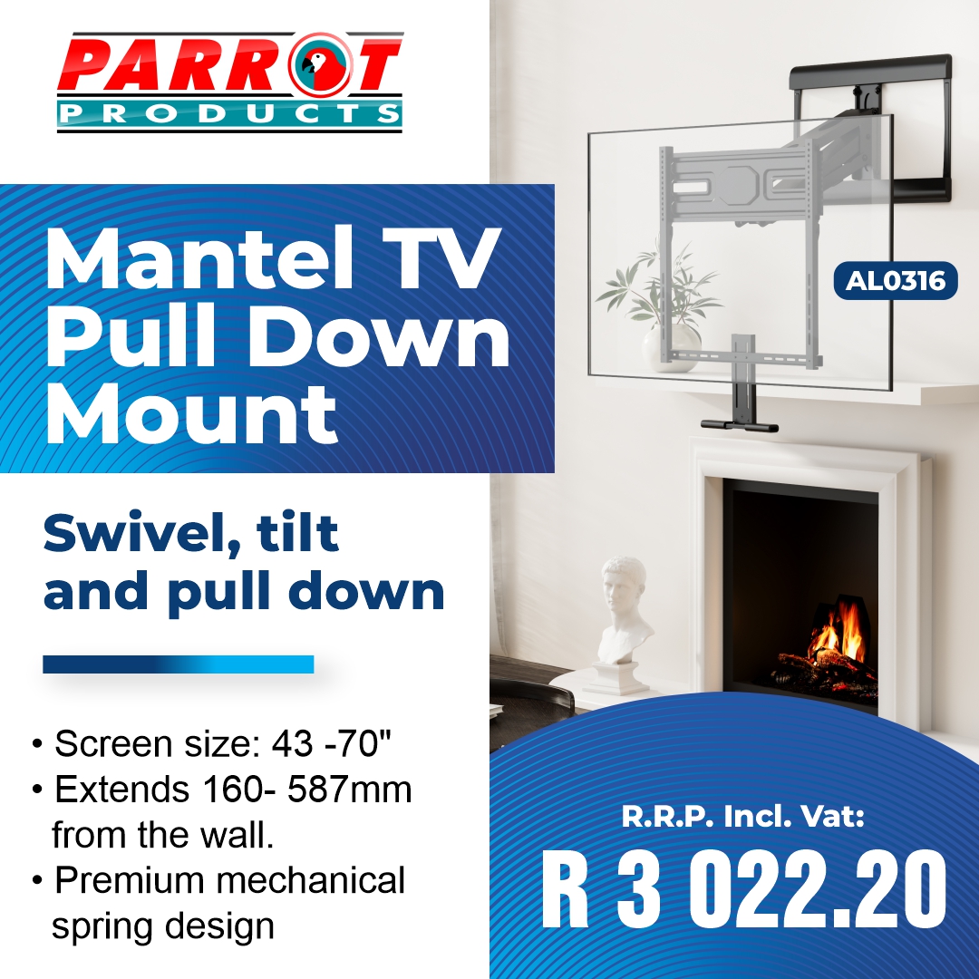 ParrotProducts's tweet image. We are excited to introduce our new Mantel TV Pull-Down Mount Bracket (AL0316) - The perfect solution for TVs above fireplaces or on high walls. 

Enjoy comfortable, eye-level viewing every time!

🛒 parrot.co.za/product/sku/AL…

#TVBracket #SmartHome #TVbracket #ParrotProducts