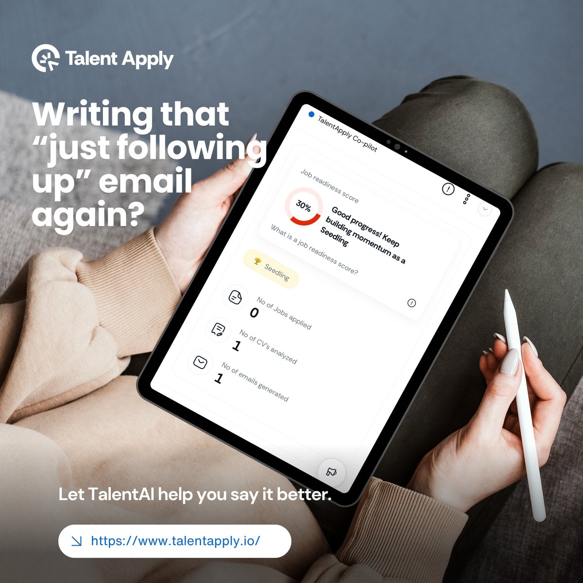 Writing that “just following up” email… again.
Let’s change that.
With TalentApply, you can track every job you’ve applied to, prep like a pro, and get personalized tips that actually move the needle.

No more guessing. No more ghosting.
Start here → TalentApply.io