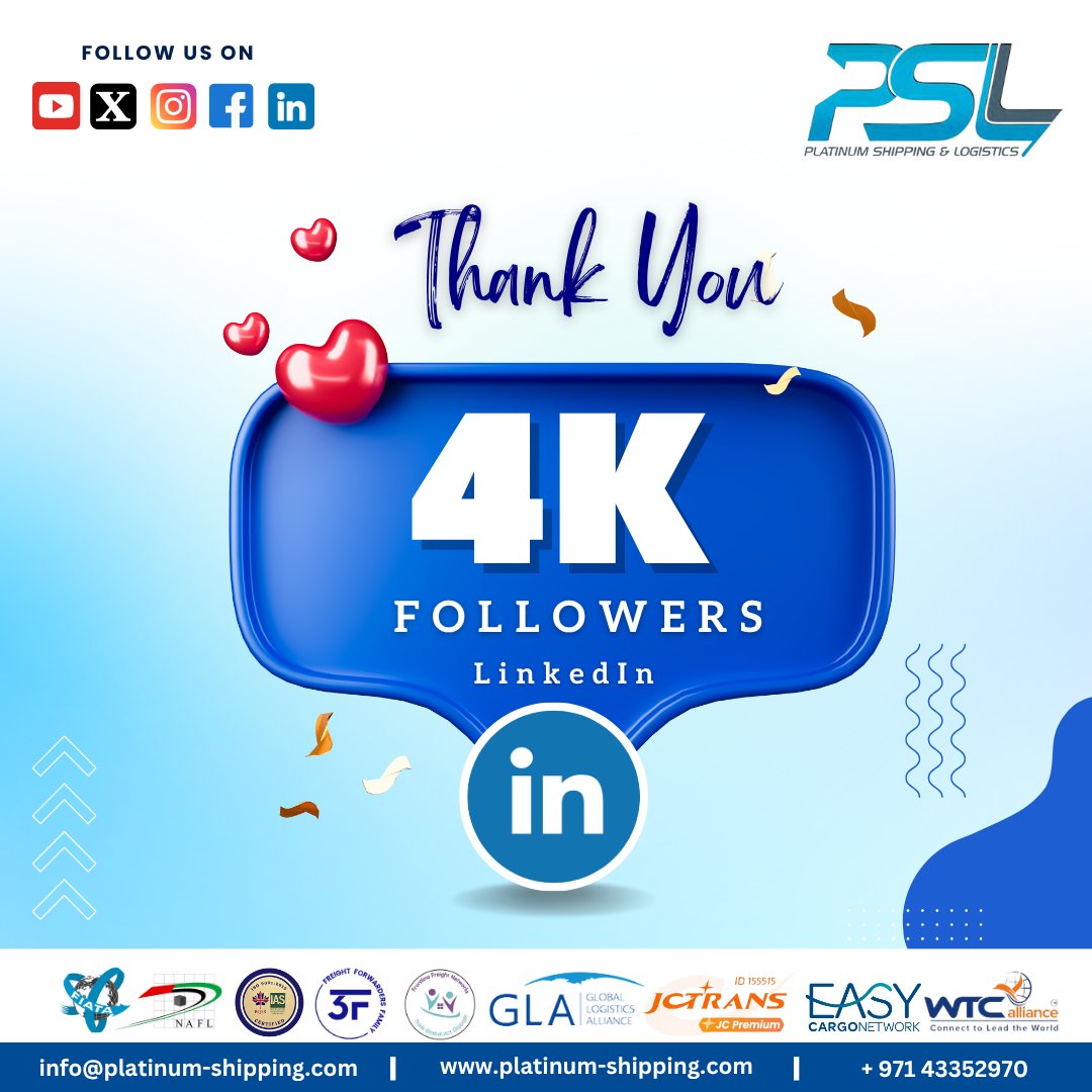 psldubai's tweet photo. 🎉 4K LinkedIn Followers – Thank You! 🙌

We’re proud to have reached 4,000 followers on LinkedIn!

Follow us for more,

📧 info@platinum-shipping.com
🌐 https://t.co/PCqyYnYEHZ
📞 +97143352970

#ThankYou #4KFollowers #LinkedInMilestone #GratitudePost #PlatinumShipping https://t.co/VshNBZkKIn