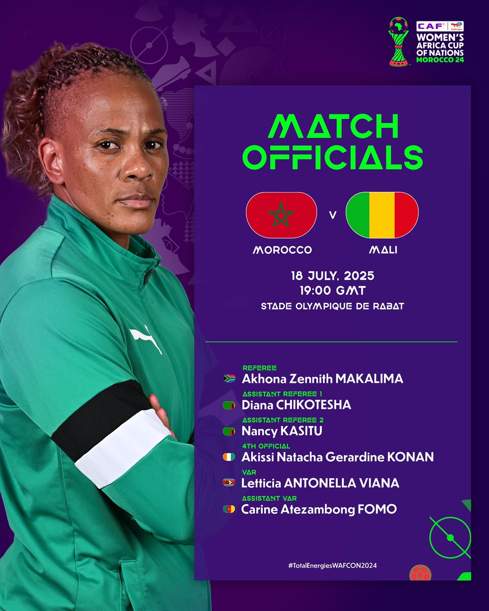 CAF_Media's tweet image. Your Match officials for today. 👇(18 July)
🏟️⚽️ 🇳🇬 Nigeria v Zambia 🇿🇲
🏟️⚽️🇲🇦 Morocco v Mali 🇲🇱
#TotalEnergiesWAFCON2024
