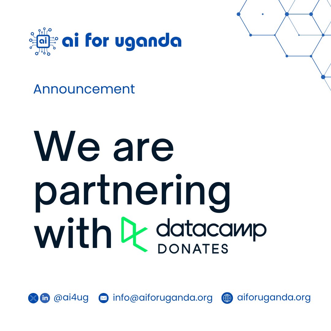 pleased to announce that <a href="/ai4ug/">AI for Uganda</a> is partnering with @datacamp to provide 200 full-access licenses to DataCamp's learning platform, valid for one year starting August 18, 2025

DataCamp is a global leader in data science and AI education, offering high-quality, self-paced courses