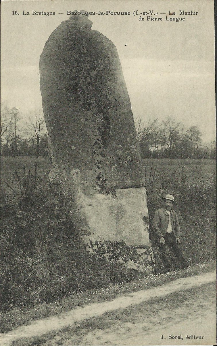 PhilWat09037421's tweet image. The menhir of La Pierre Longue in Noyal-sous-Bazouges (Ille-et-Vilaine) is 5.1m tall and leans slightly to one side possibly because of the later talus on which here a man sits with his feet in the ditch.