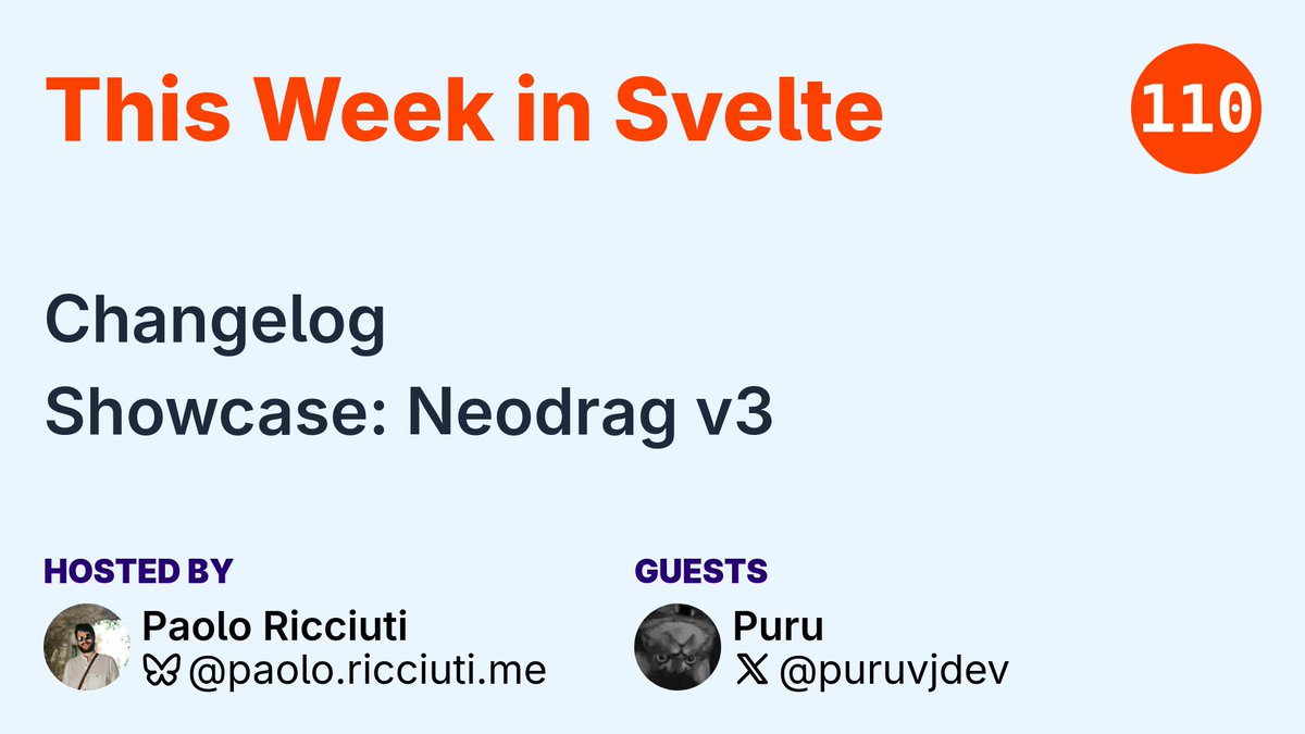 SvelteSociety's tweet image. Today's episode of 'This Week in Svelte' will be joined by @puruvjdev to showcase Neodrag v3. Join us later today! youtube.com/live/Ia8N6S2Ok…