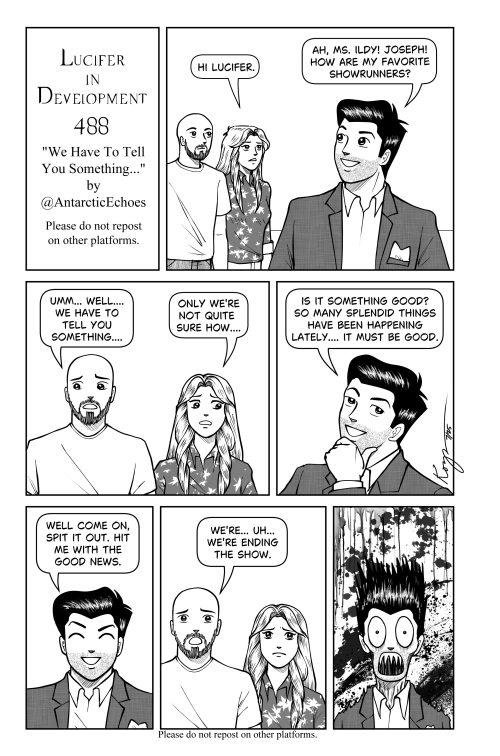 AntarcticEchoes's tweet photo. Happy Friday, everybody! Here is #LuciferInDevelopmentComics no. 488! @Ildymojo and @Henderson_Joe break the news to Dorky Luci that the show is ending.... 😱😱😱 Enjoy! 💖💖💖💖💖 #LuciferNetflix #Lucifer @tomellis17 https://t.co/mCNmYnYi8F