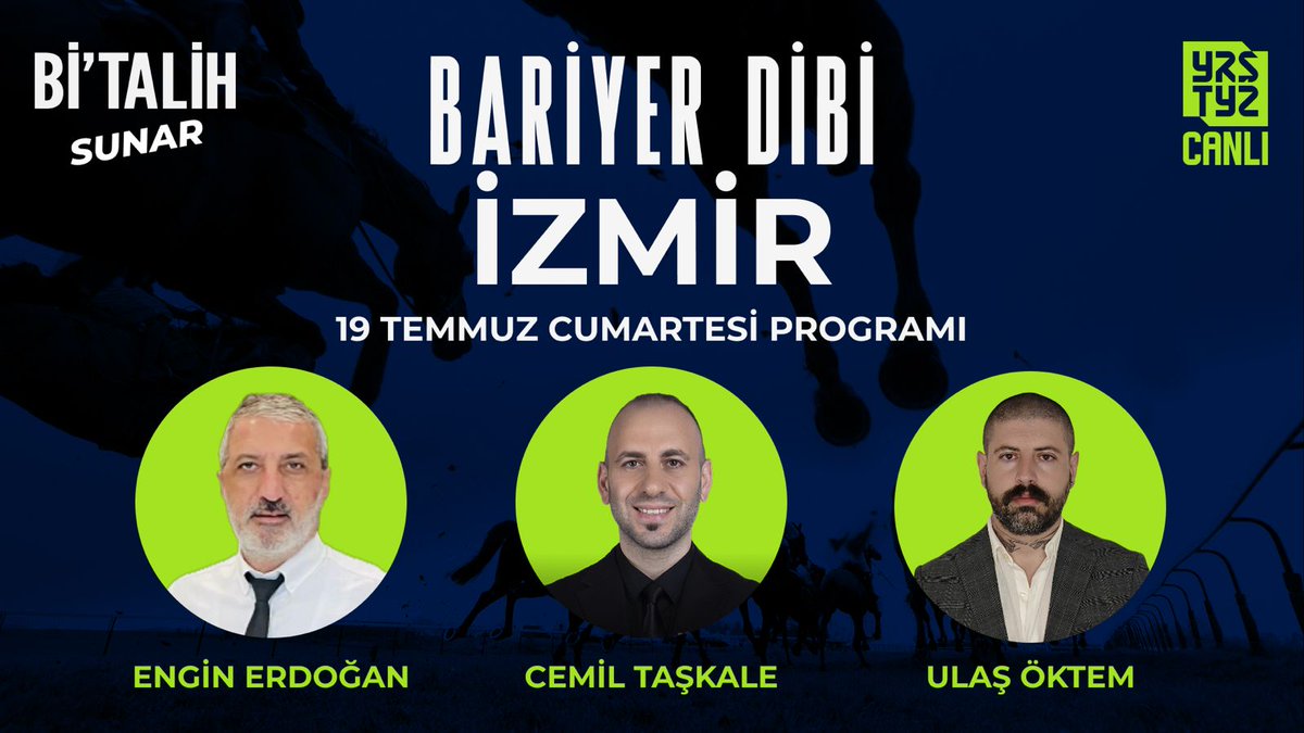 Yarıştayız (@yaristayiz) on Twitter photo 🎬 <a href="/geldibitalih/">Bitalih</a>'in sunduğu #BariyerDibi her gün deneyimli moderatörleri ve uzman yorumcularıyla #Yarıştayız kanalında!
🗣 Bu akşam 21.10'da <a href="/cemiltaskale/">Cemil Taşkale</a> moderatörlüğünde <a href="/Scarface__35/">Engin.Erdoğan</a> ve <a href="/cartegena13_/">𝚌𝚊𝚛𝚝𝚎𝚐𝚎𝚗𝚊𝟷𝟹🦅𝚞𝚕𝚊𝚜 𝚘𝚔𝚝𝚎𝚖</a> "19 Temmuz Cumartesi" günü koşulacak İzmir yarışını CANLI yayında 🎬 <a href="/geldibitalih/">Bitalih</a>'in sunduğu #BariyerDibi her gün deneyimli moderatörleri ve uzman yorumcularıyla #Yarıştayız kanalında!
🗣 Bu akşam 21.10'da <a href="/cemiltaskale/">Cemil Taşkale</a> moderatörlüğünde <a href="/Scarface__35/">Engin.Erdoğan</a> ve <a href="/cartegena13_/">𝚌𝚊𝚛𝚝𝚎𝚐𝚎𝚗𝚊𝟷𝟹🦅𝚞𝚕𝚊𝚜 𝚘𝚔𝚝𝚎𝚖</a> "19 Temmuz Cumartesi" günü koşulacak İzmir yarışını CANLI yayında
