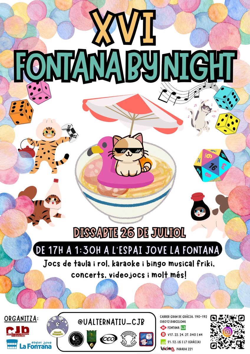 UAlternatiu_CJB's tweet photo. El proper dissabte 26/07 tenim la #FontanaByNight XVI.

L'esdeveniment bi-anual poli-friki de referència a Barcelona.

📍 Espai Jove La Fontana ( @EjLaFontana )
🗓️ 26/07/2025 de 17h a 1:30h
🎟️ Gratuït https://t.co/cWFekEqmeX

Més info: https://t.co/DvSQLaaz6a https://t.co/gGHiaukXEL
