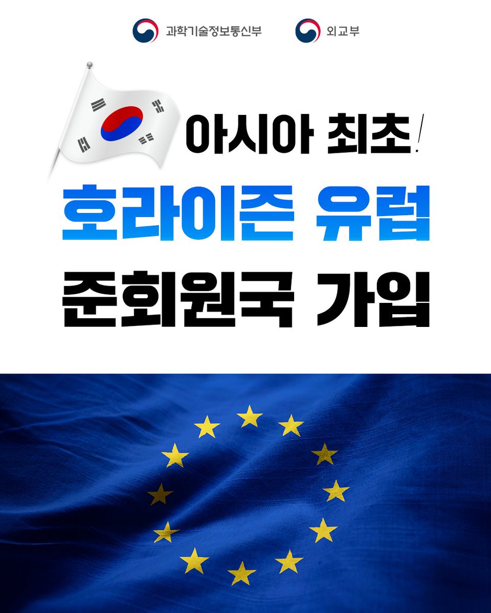 withmsit's tweet image. 🇰🇷우리나라가 아시아 최초로 EU의 세계 최대 다자 간 연구혁신 프로그램인 '호라이즌 유럽' 준회원국에 정식으로 가입됐습니다! 이를 통해 한국과 유럽 연구자들 간 공동연구 확대의 계기가 마련되었습니다. 유럽 지역과 AI, 양자 기술, 첨단바이오 등 다양한 분야에서 협력이 확대되기를 기대합니다.