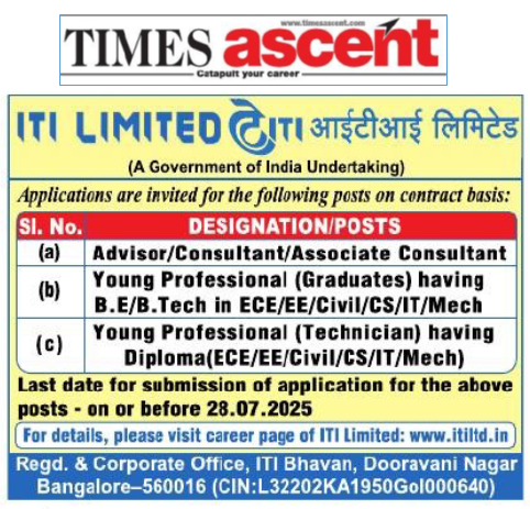 ITILTDINDIA's tweet image. ITI Limited Invites applications for Engagement of Advisors, Consultants, Associate Consultants, YoungProfessional Graduates & Technicians. For more details, please visit us/click on the link:
itiltd.in/Careers/2025/N…
@DoT_India @ministryofcomm @JM_Scindia @PemmasaniOnX @CMDITILTD